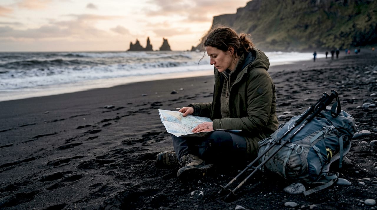 Una mujer aventurera consulta un mapa mientras disfruta de la tranquilidad de una playa de arena negra.