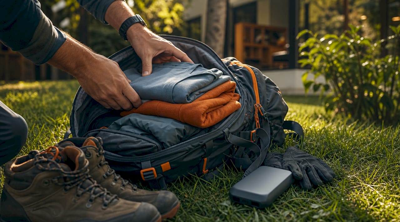 Mani che sistemano l’attrezzatura da trekking nello zaino