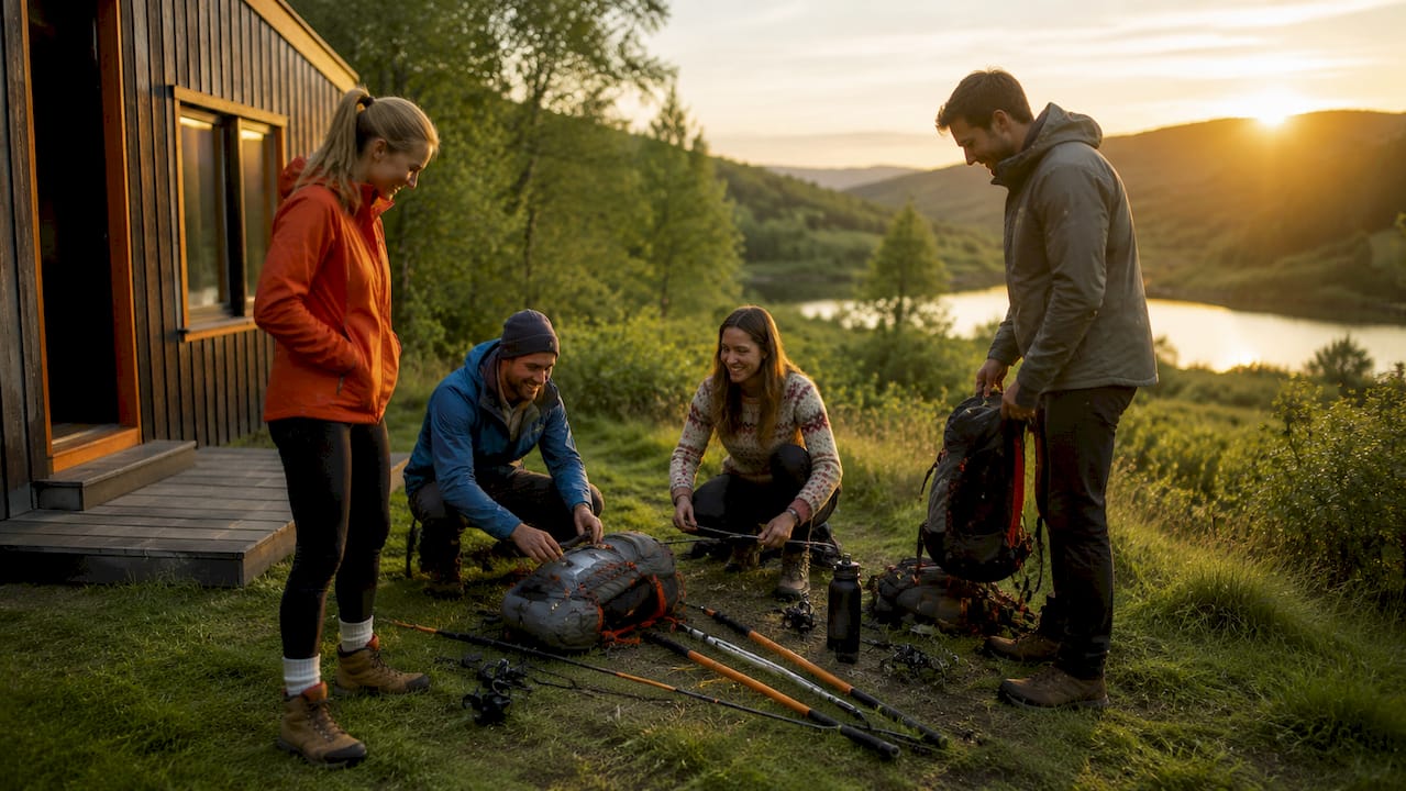 Group outside bunkhouse near lake preparing for adventure
