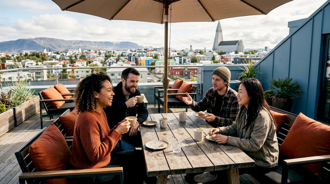 Travelers socializing in shared lounge area