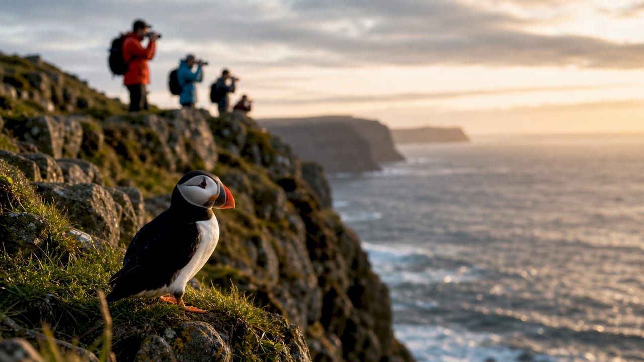 Tourists observing puffins on Látrabjarg cliffs