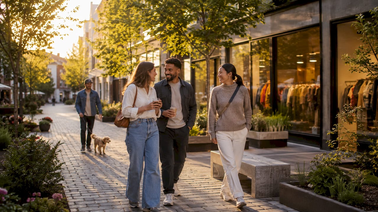 People walking and chatting on shared pedestrian street