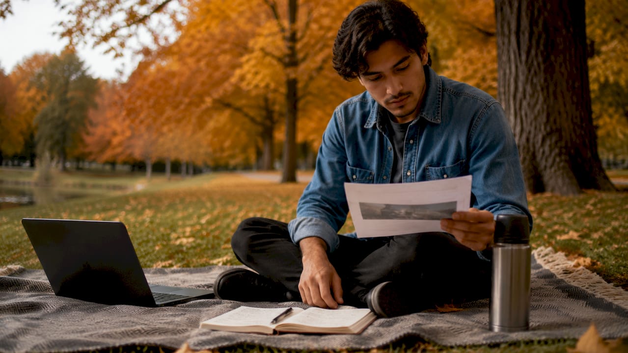 Chico joven buscando alojamiento económico desde su portátil en una cafetería