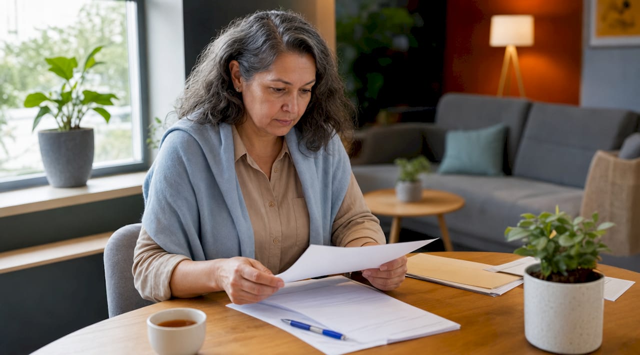 Mujer revisando papeles relacionados con ayudas de vivienda
