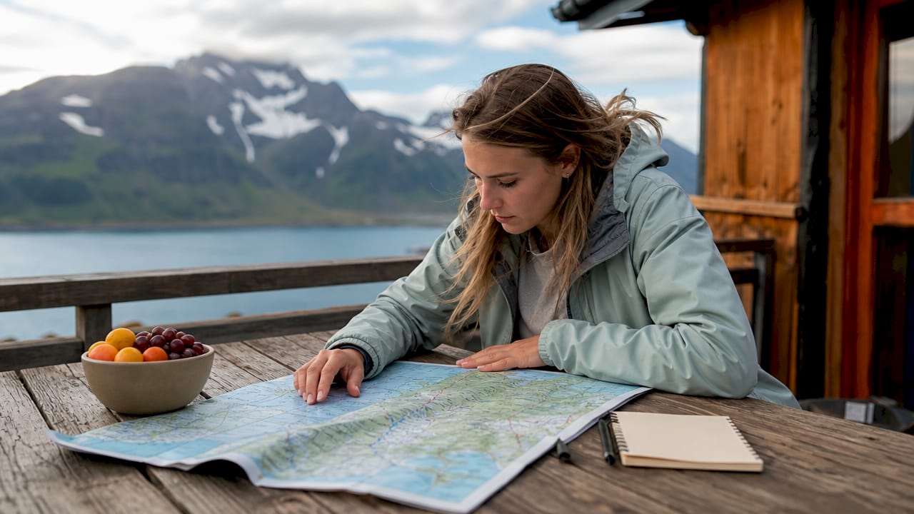 Un viajero sentado en el porche de una cabaña, estudiando el mapa para planificar su próxima aventura.