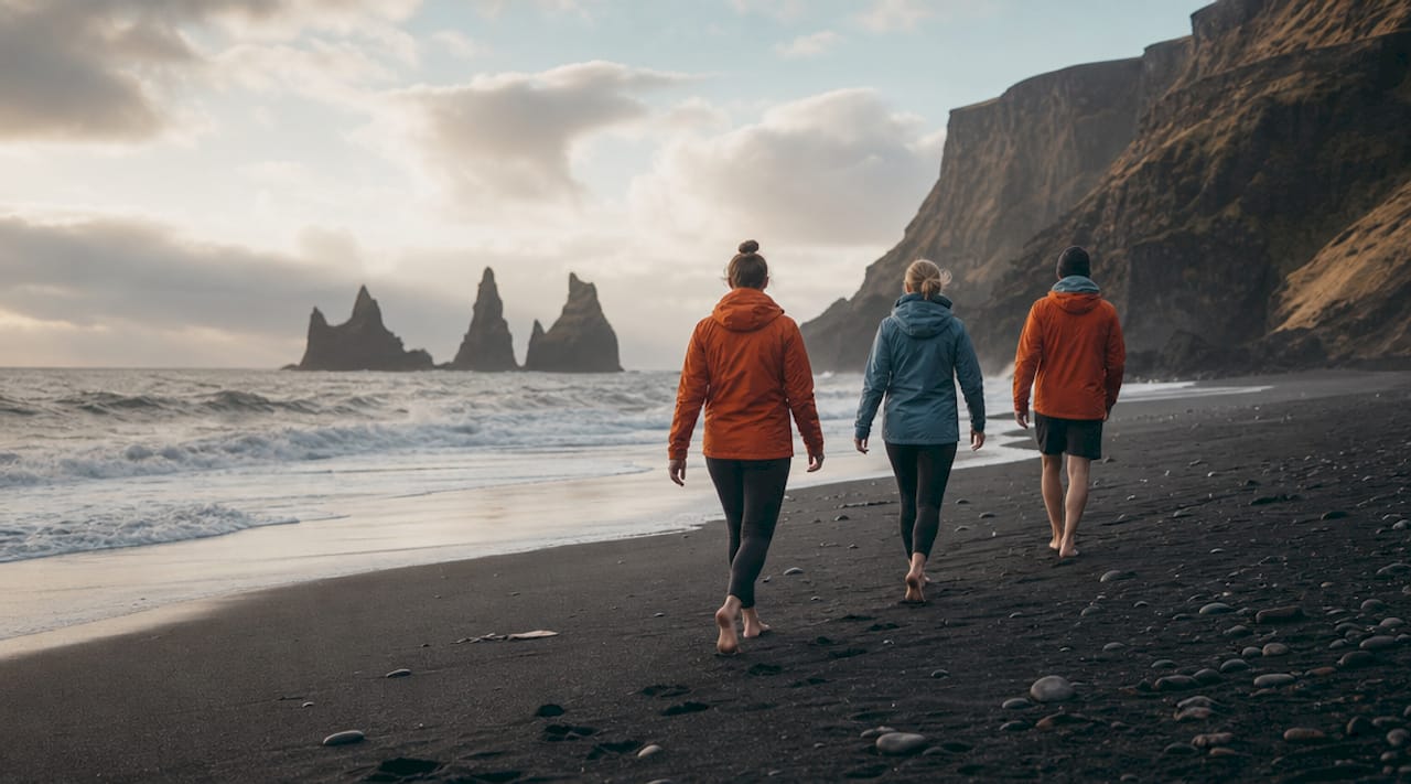 Panoramic view of Reynisfjara black sand beach with sea stacks