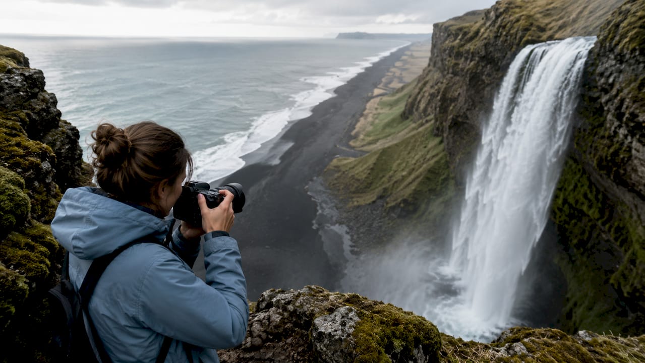 Un viajero captura con su cámara la impresionante caída de agua que se precipita junto a un imponente acantilado en Islandia.
