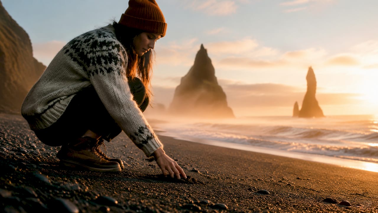 Traveler walking on Reynisfjara black sand beach