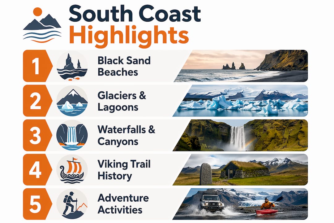 Infographic showing main attractions on South Coast Iceland