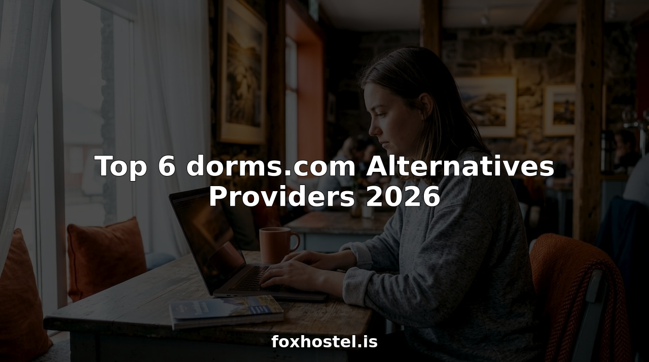 Traveler browsing dorm alternatives on laptop in hostel common room