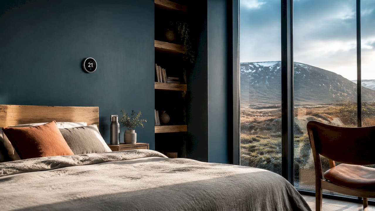 Eco-friendly hotel room with energy saving features