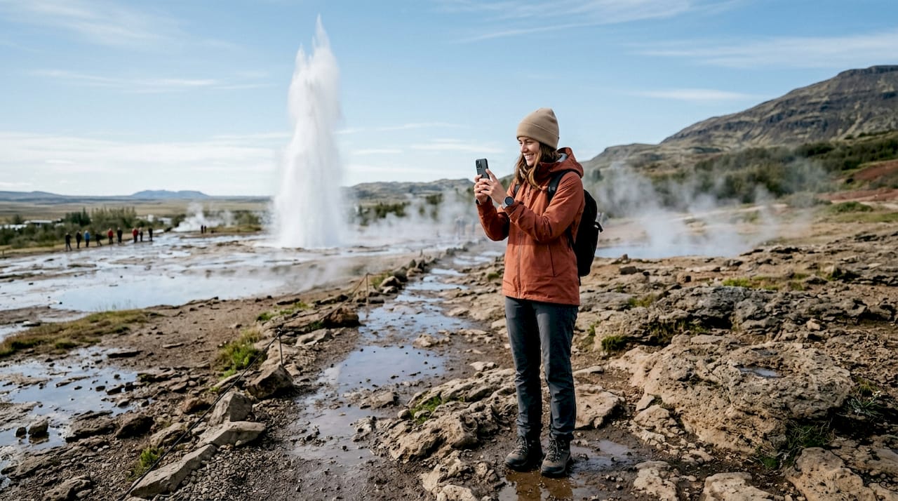 Unas manos capturan en foto el momento exacto en que el géiser Strokkur entra en erupción.