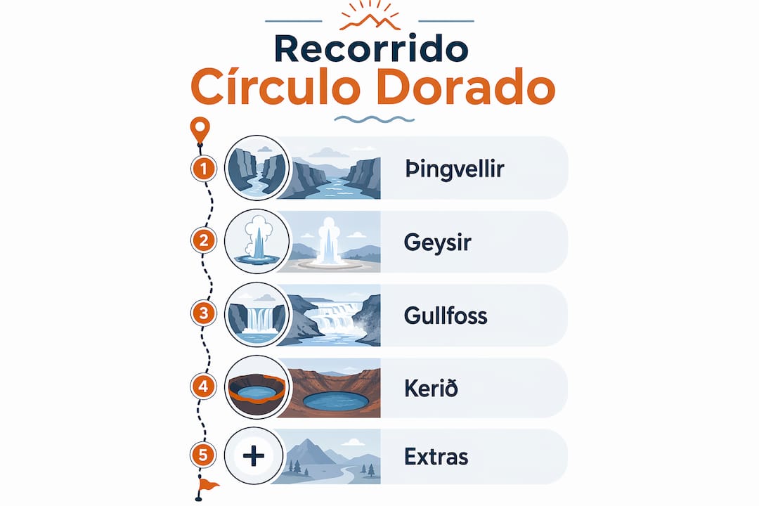 Infografía sobre las fases del viaje por el Círculo Dorado