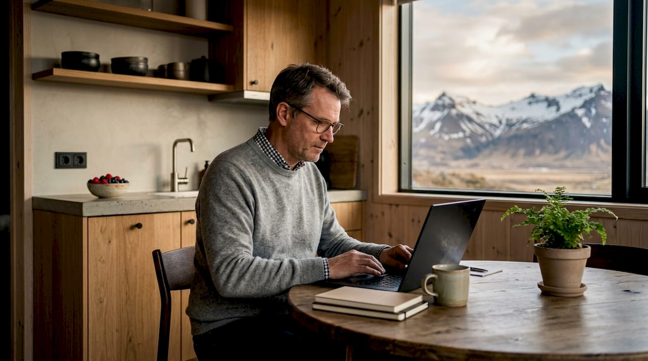 Remote worker in self-catering apartment workspace