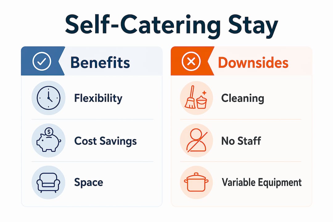 Infographic comparing benefits and downsides of self-catering