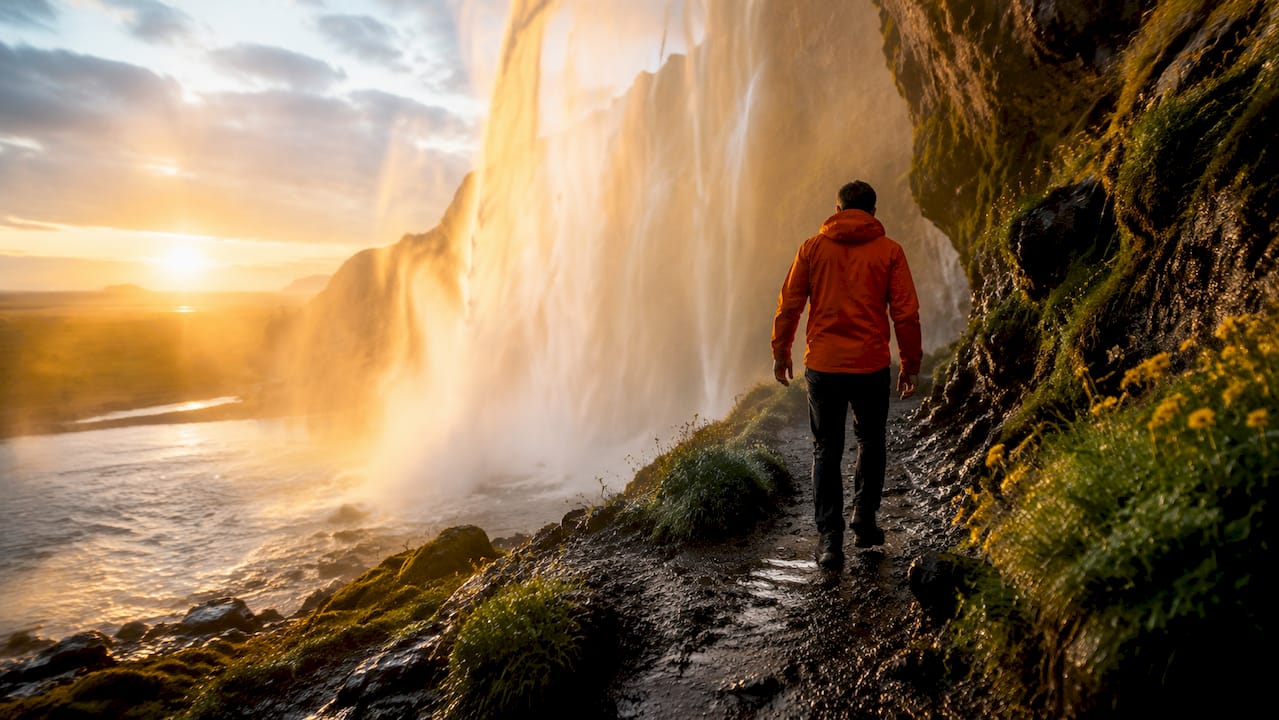 Traveler walking behind Seljalandsfoss waterfall