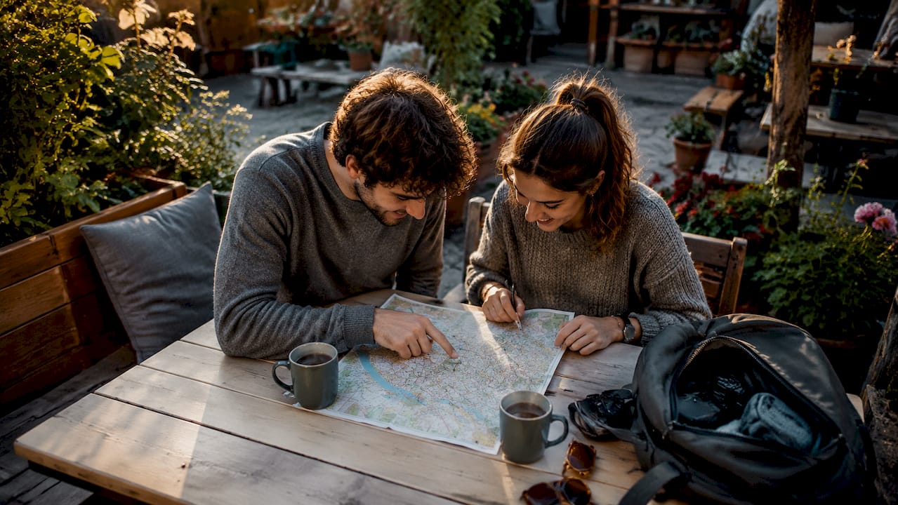 Una pareja hojea un mapa mientras toma café, planeando su próximo viaje.