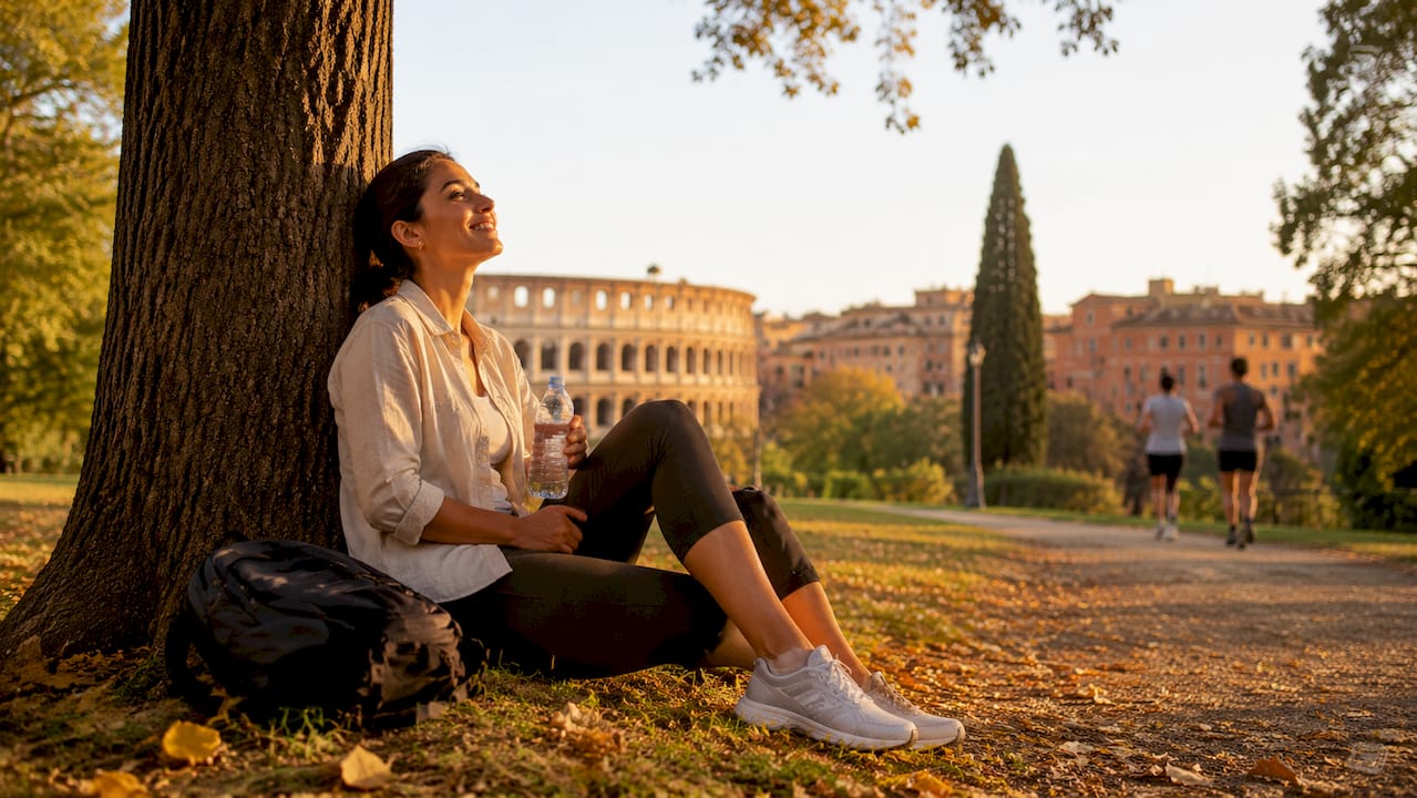 Mujer tomando un descanso junto a un lugar turístico