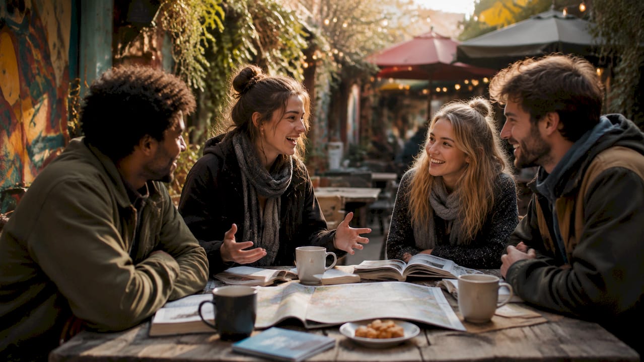 Group of travelers socializing in hostel common room