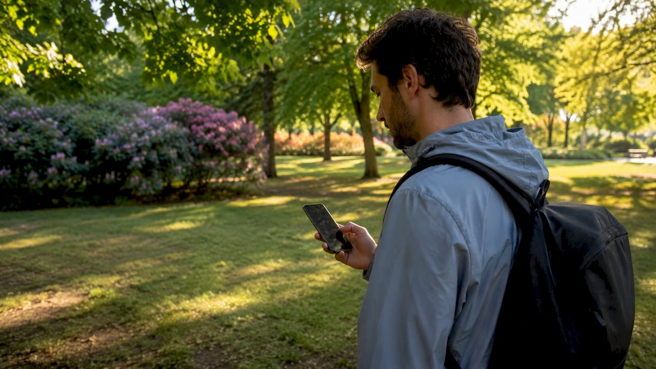 Solo traveler using smartphone travel app outdoors