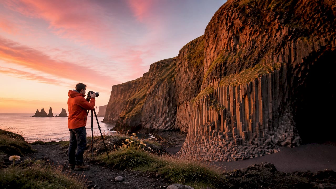 Traveler photographing basalt columns at Reynisfjara Beach