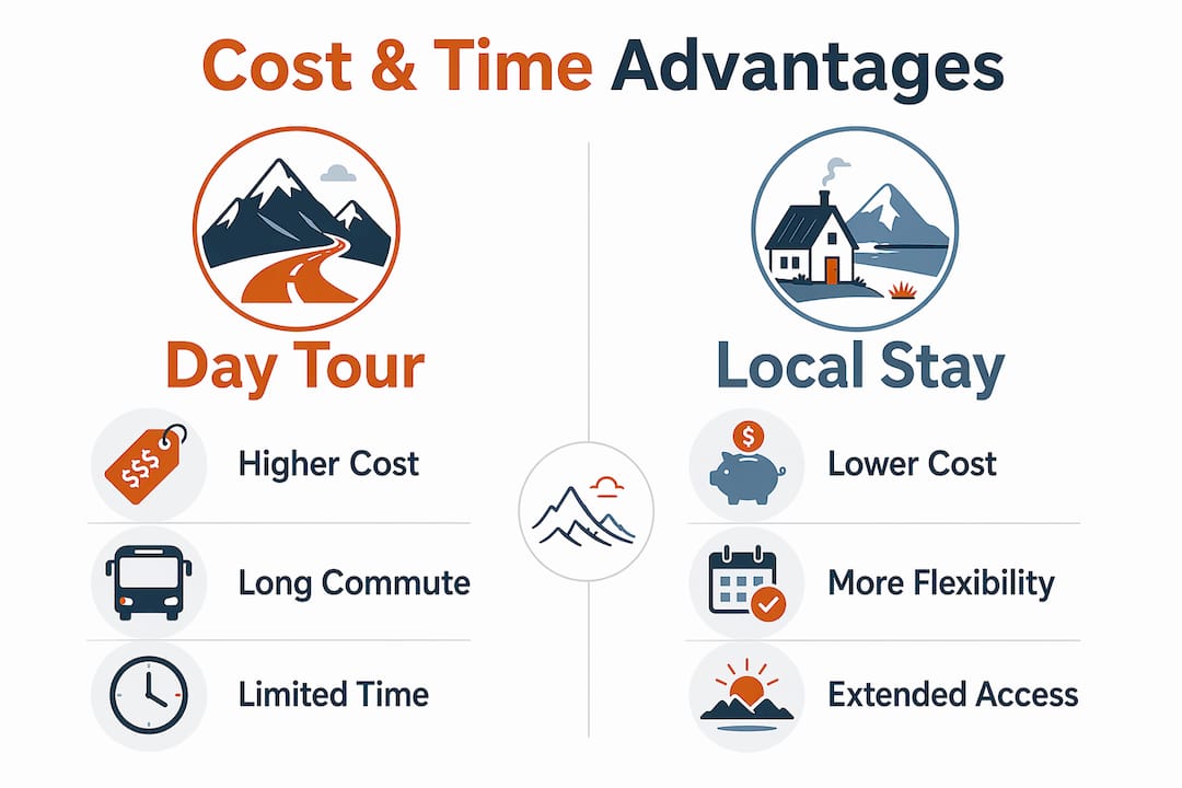Infographic comparing cost and time advantages of day tours vs local stays near Reynisfjara Beach