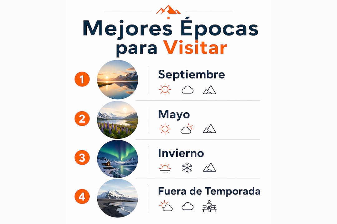 Infografía sobre las mejores temporadas para disfrutar de Islandia sin aglomeraciones
