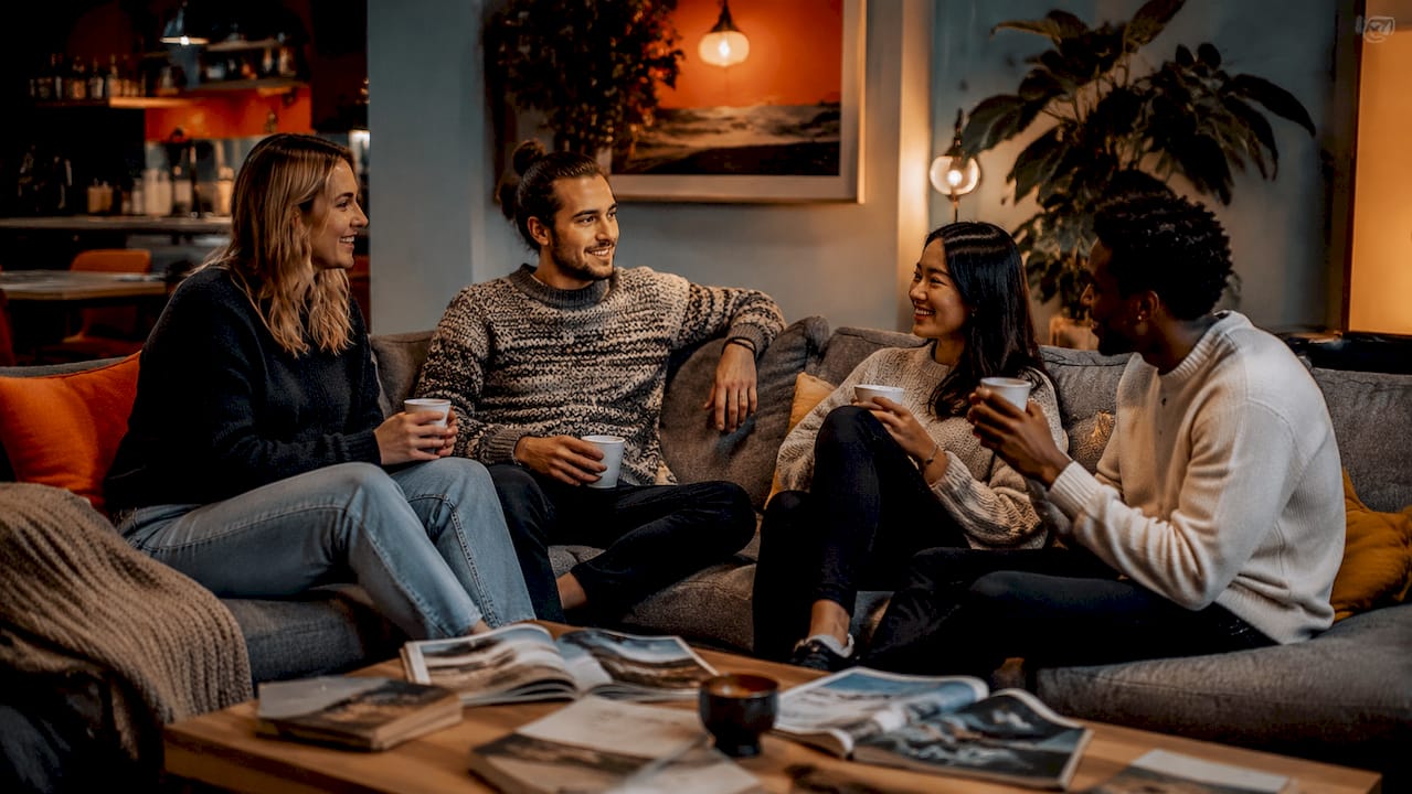 Small group socializing in co-living outdoor space