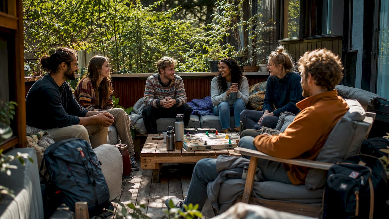 Travelers socializing in communal hostel lounge