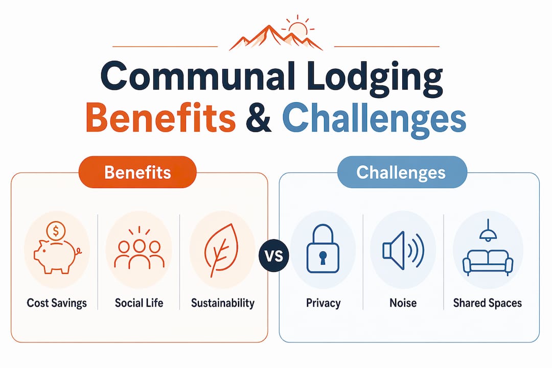 Infographic comparing communal lodging benefits and challenges