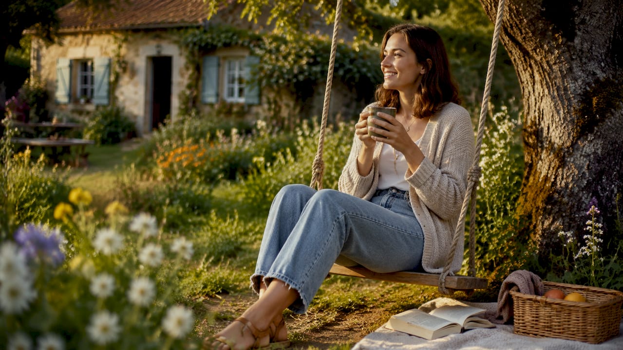 Traveler enjoying tea on countryside cottage porch