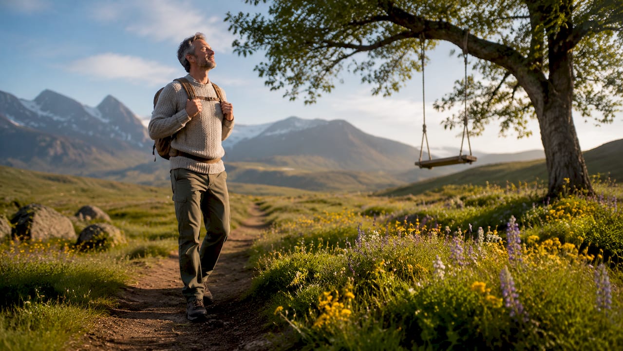 Man walking peacefully in forest trail for mental health