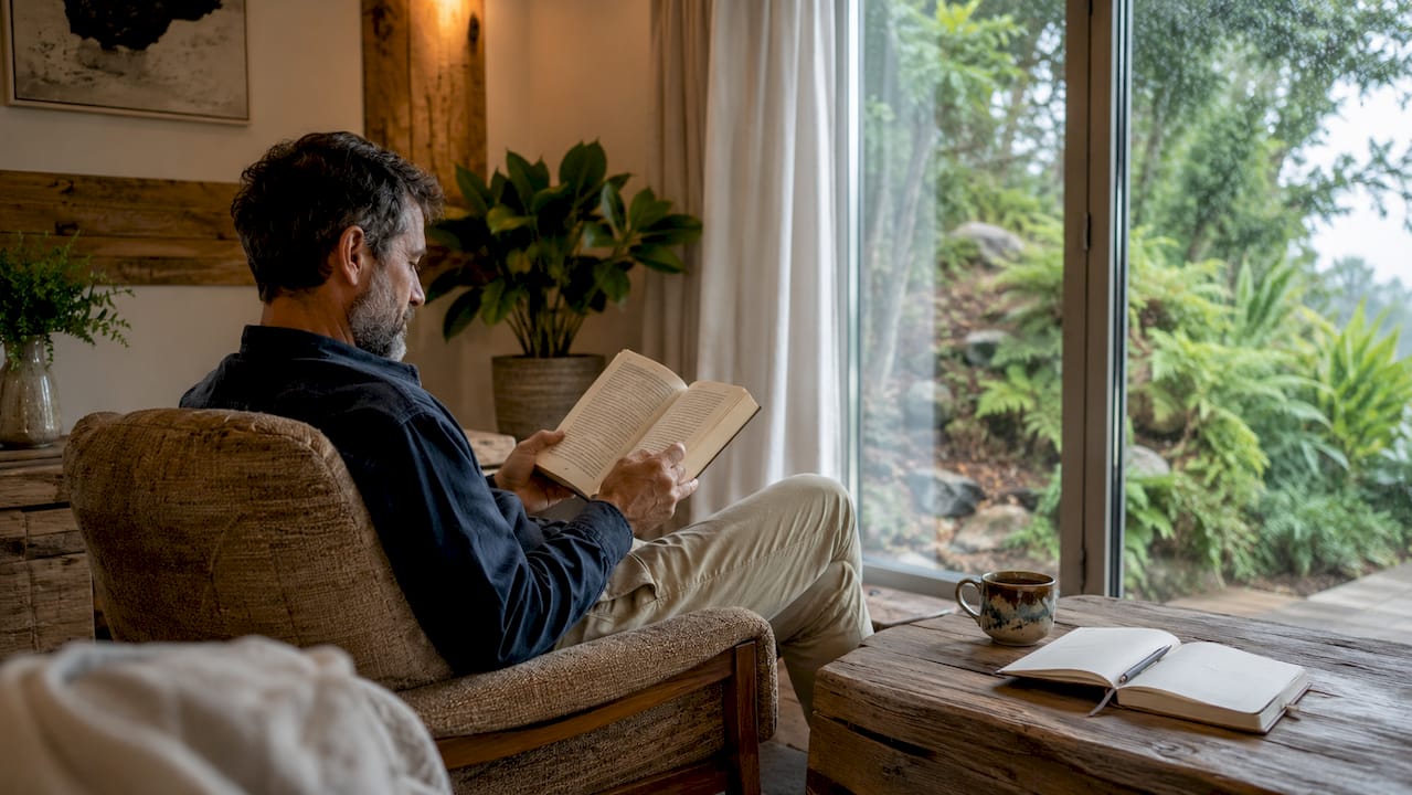Un hombre disfruta de la lectura en un hotel ecológico rodeado de tranquilidad.