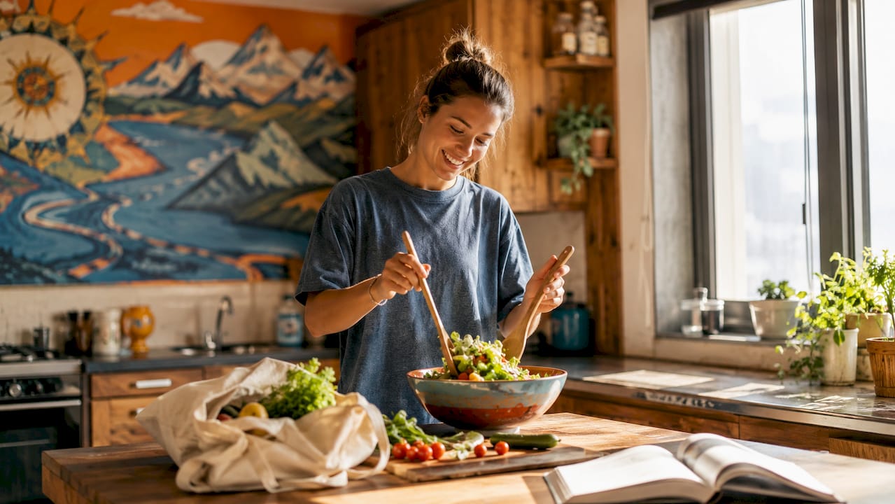 Solo traveler cooking in shared hostel kitchen