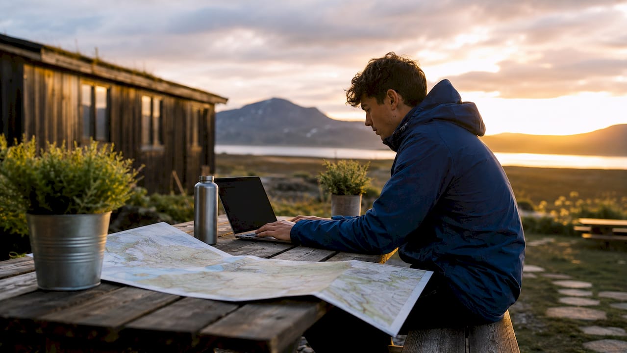 Turista organizando excursiones desde su albergue en Islandia