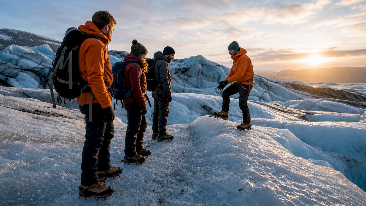 Group hiking on Iceland glacier with guide