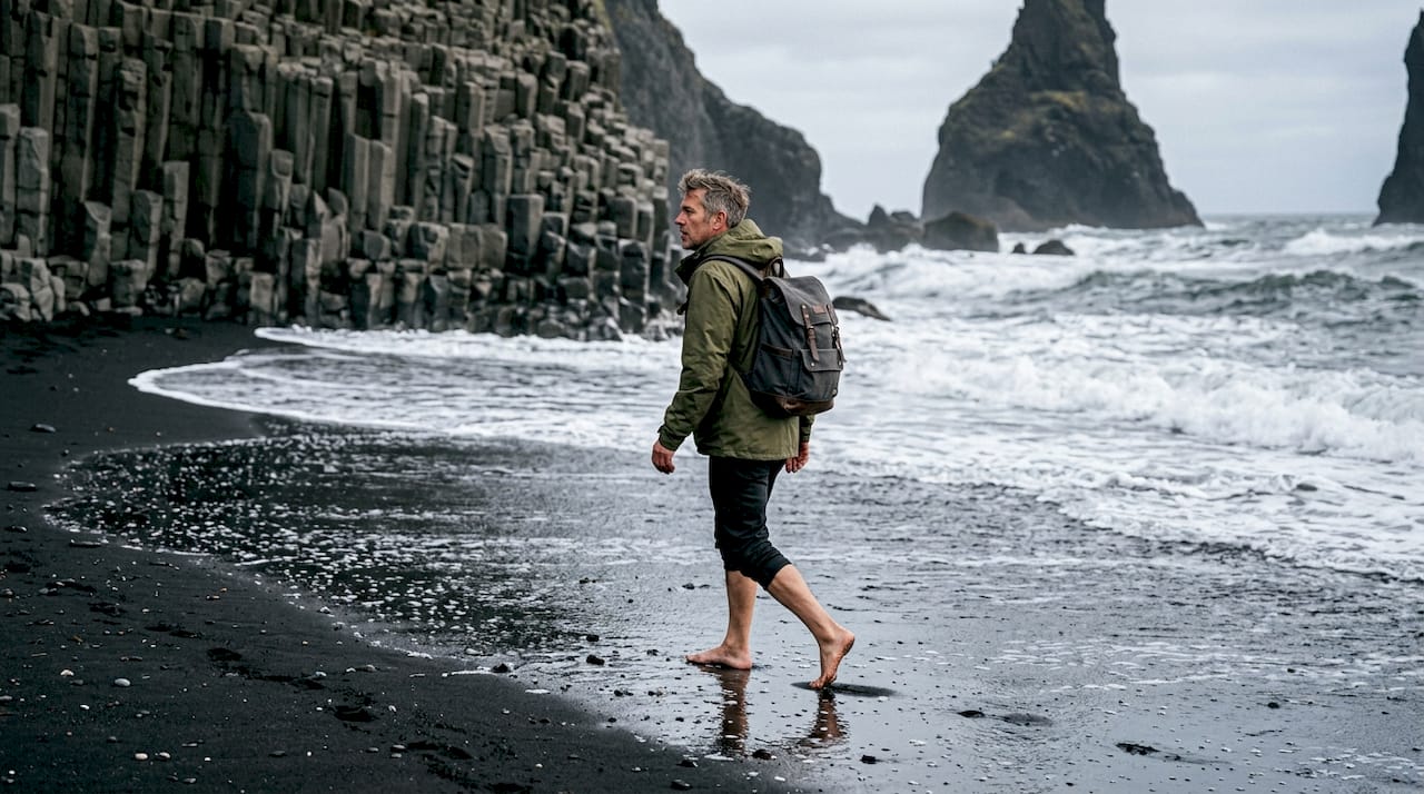 Una persona pasea por la arena negra de la playa de Reynisfjara.