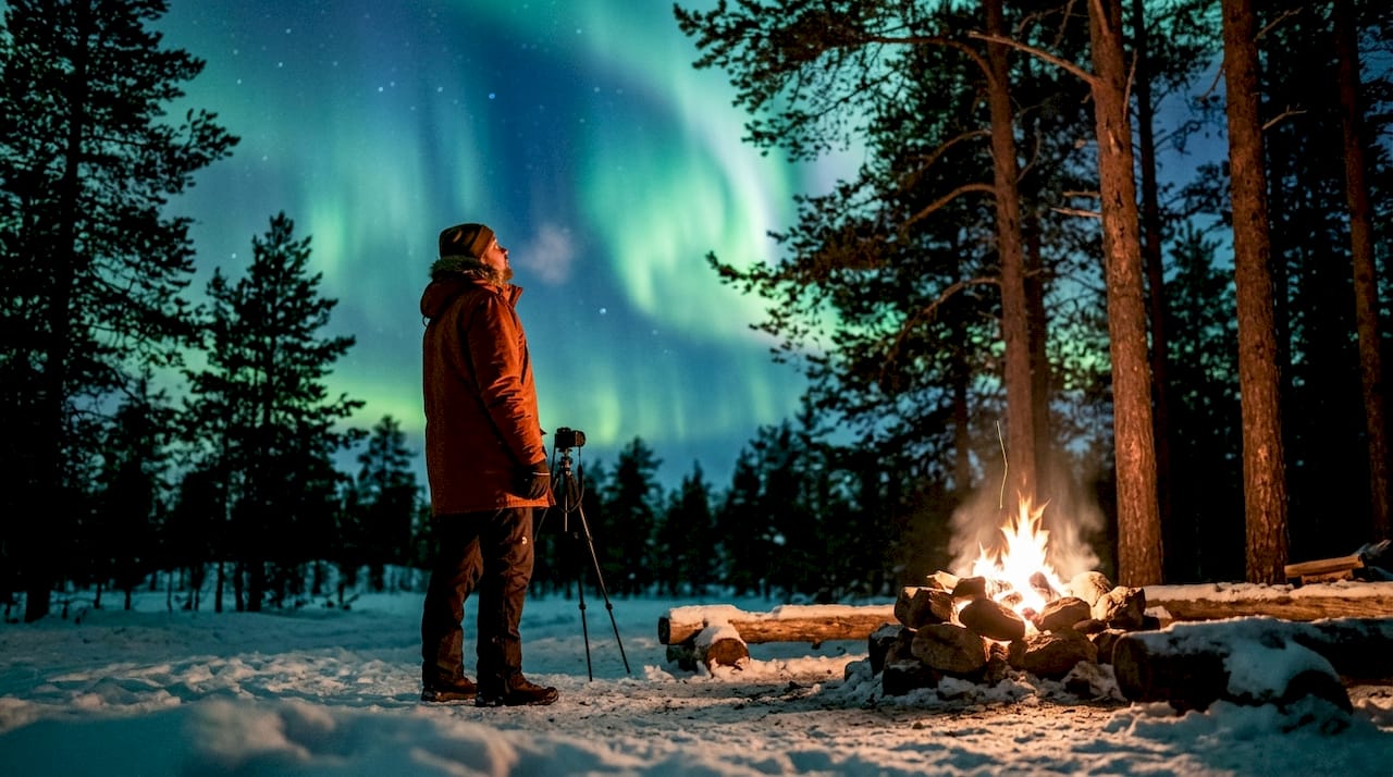 Contemplando las auroras boreales en medio de un paisaje nevado