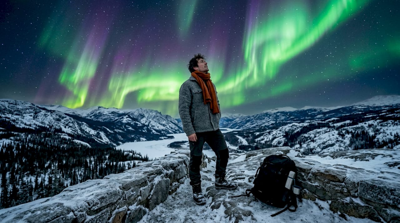 Un viajero contempla la aurora boreal desde un mirador