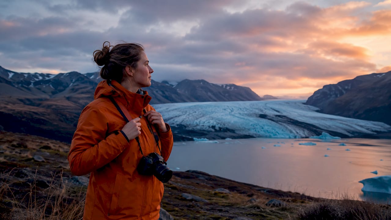 Traveler standing near glacier in morning light