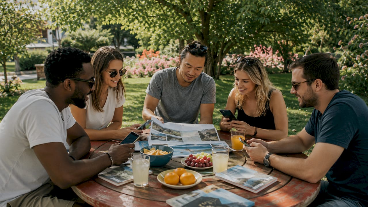 Group coordinating travel dates around table