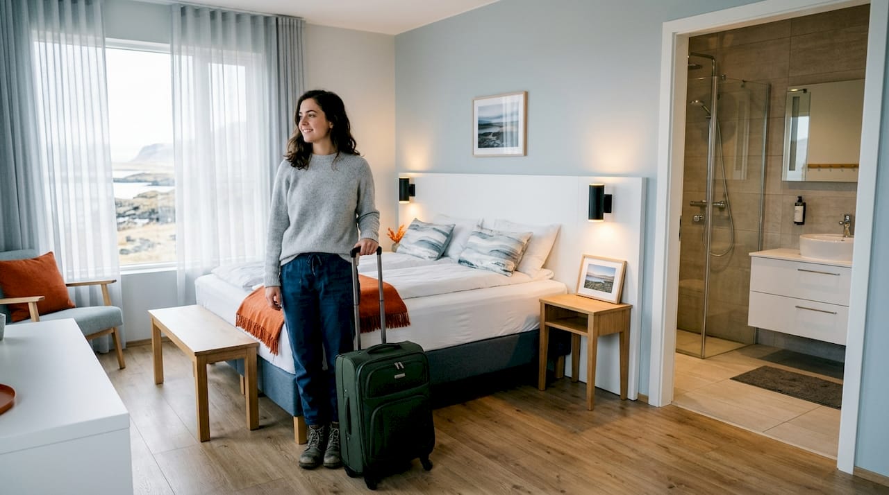 Traveler in ensuite bedroom with private bathroom
