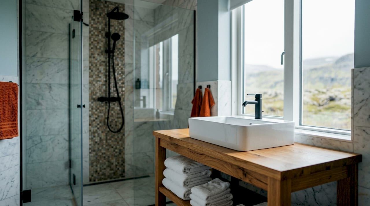 Close-up of upscale ensuite bathroom features