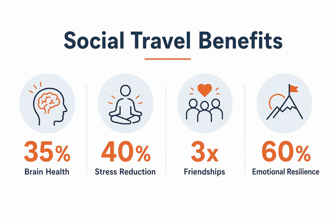 Infographic showing key social travel benefits with statistics
