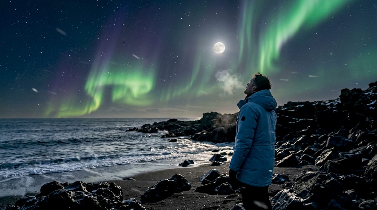 Una persona contempla el espectáculo de las auroras boreales en una noche islandesa.