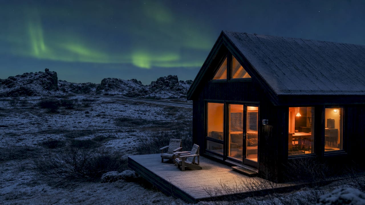 Una cabaña cálida en la costa sur de Islandia, perfecta para disfrutar de la magia del atardecer.