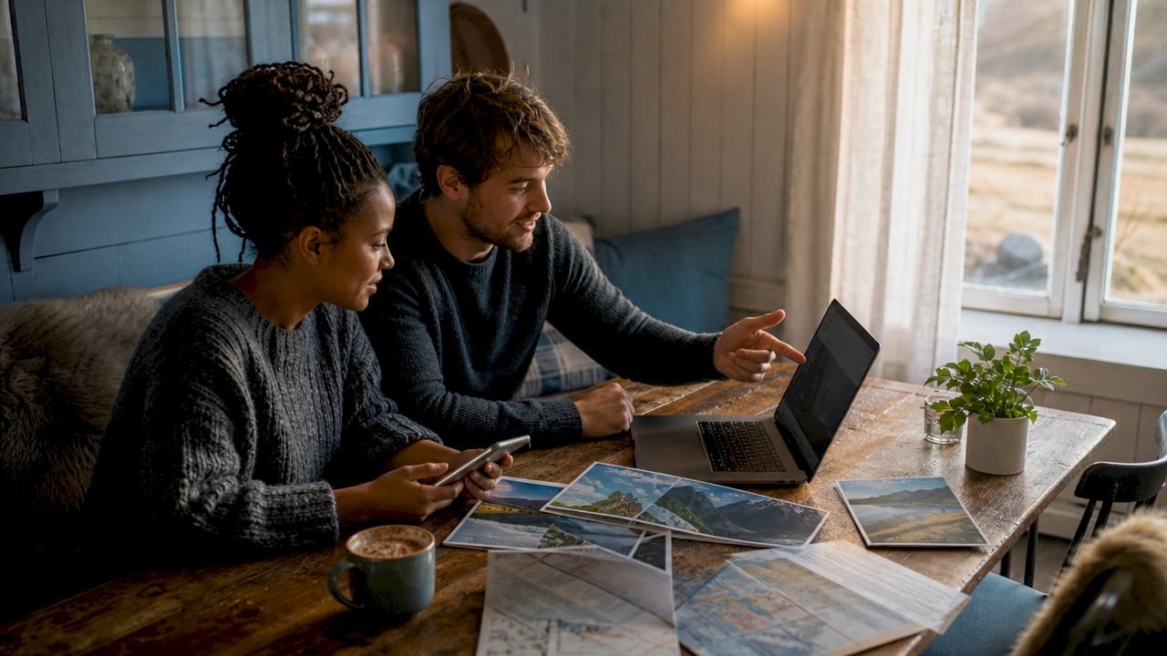 Couple booking private hostel room indoors