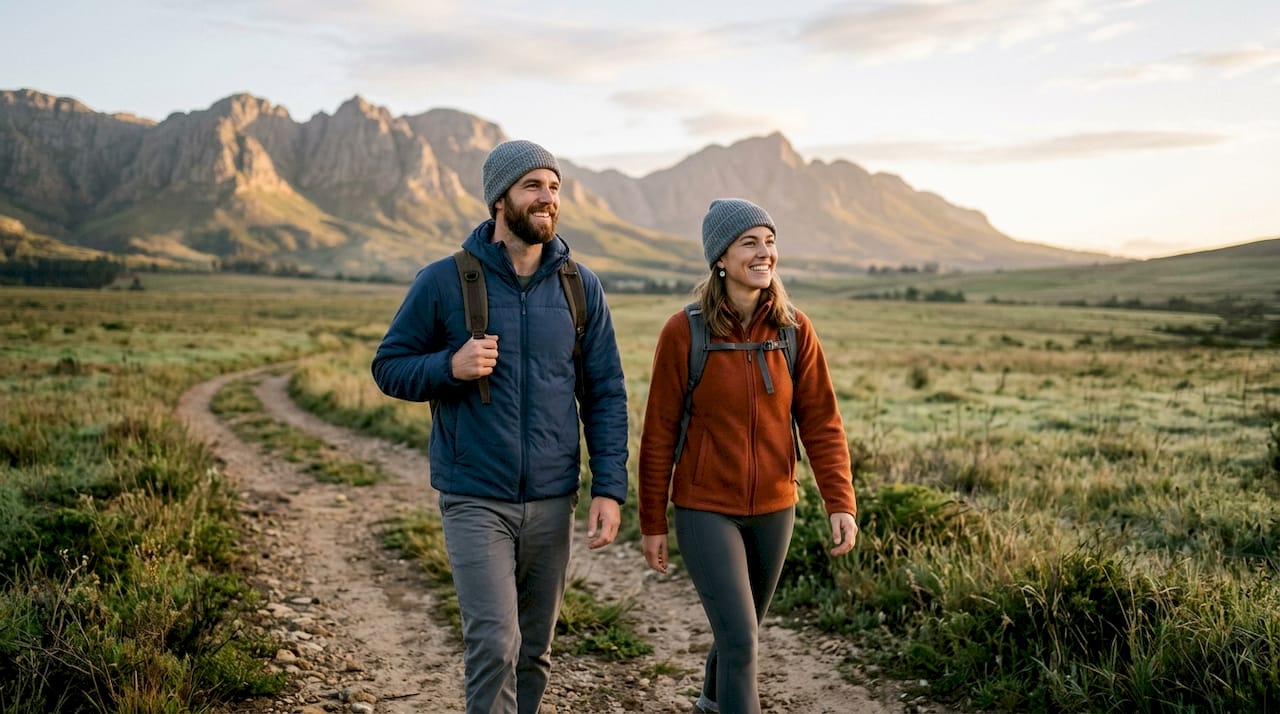 Una pareja pasea tranquilamente por un sendero rural rodeado de naturaleza.