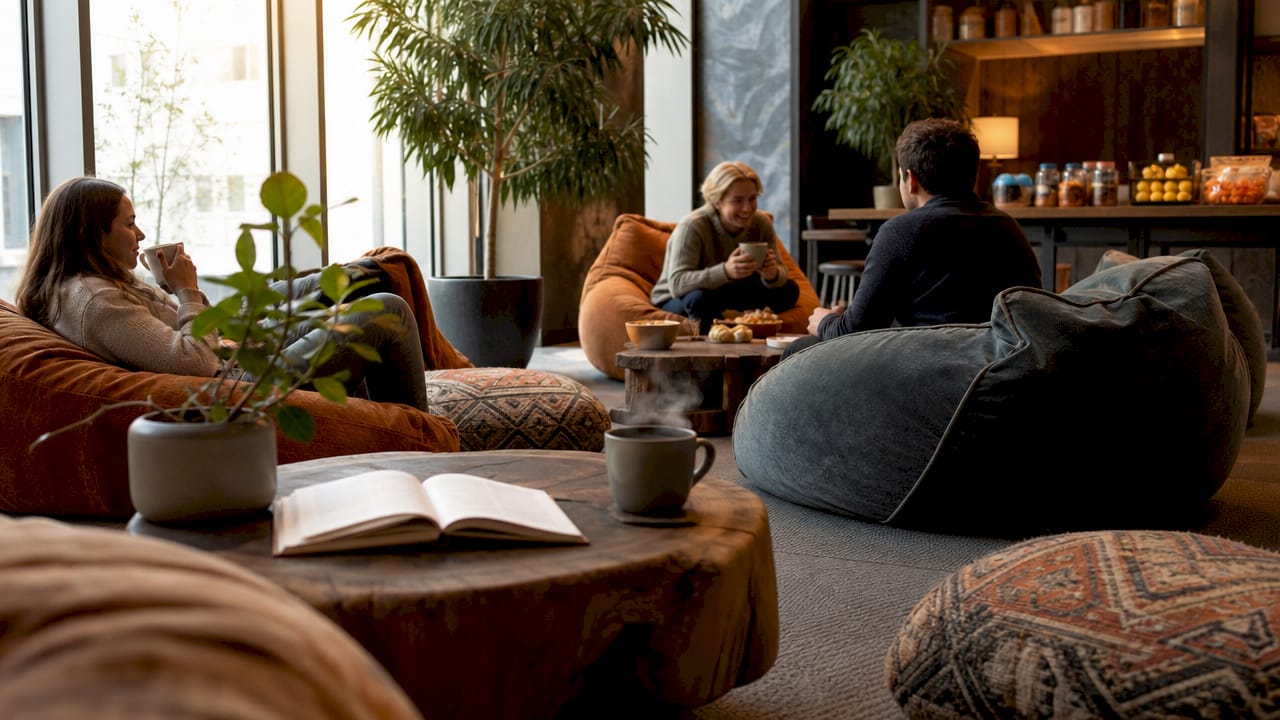 Modern guest lounge with travelers socializing