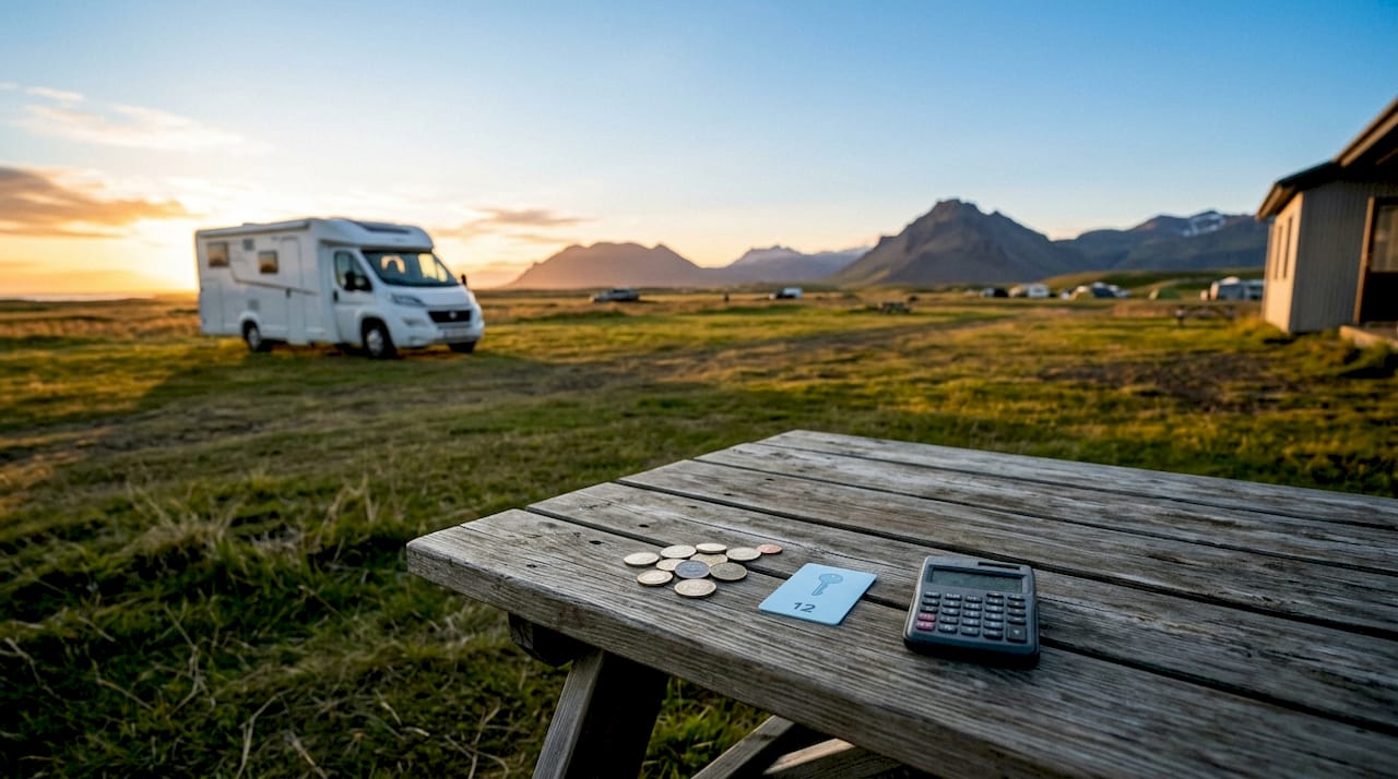Coins and hostel keycard on picnic table near campervan